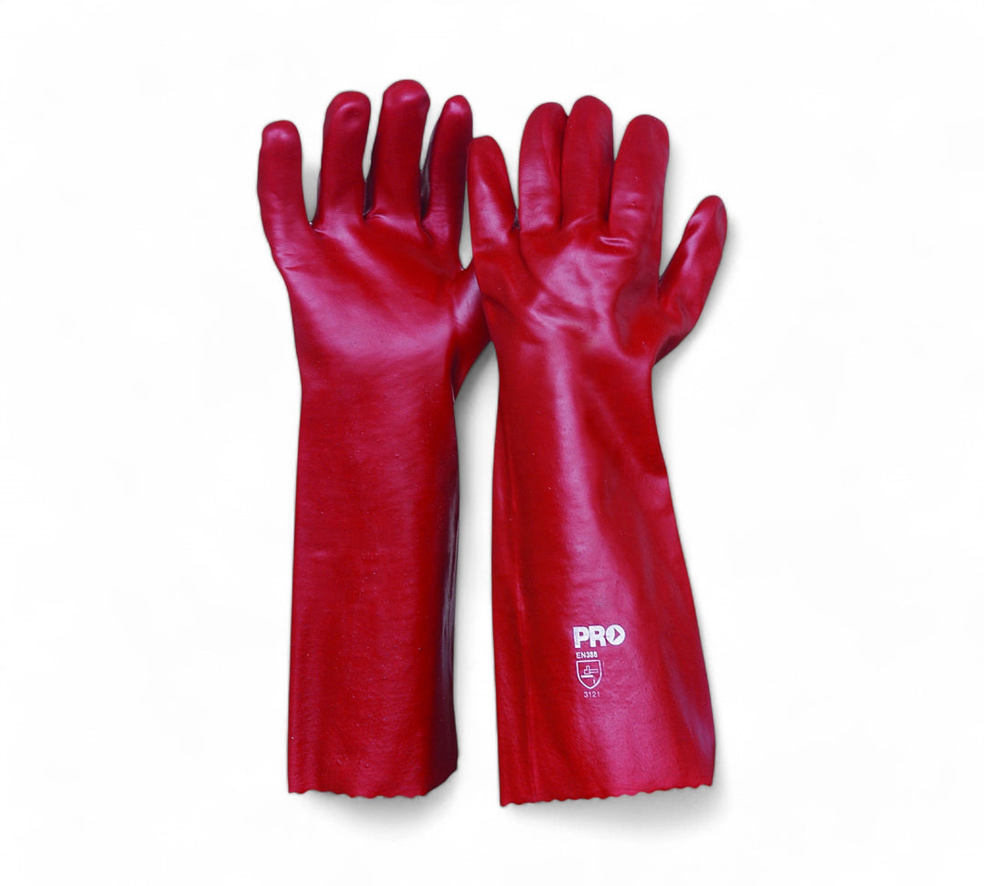 Red PVC 45cm dipped glove shown with full-arm coverage and chemical resistance for industrial cleaning and handling
