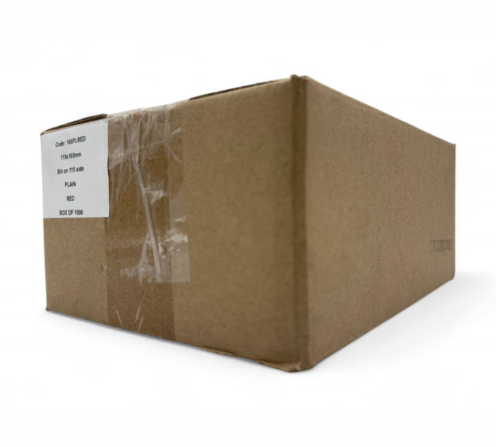 Box of 1000 red self-adhesive invoice enclosed envelopes, 115 x 165mm, with product code label visible on carton