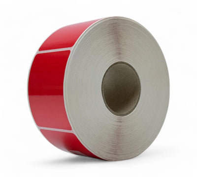 Red 48 x 62mm synthetic label rolls shown with durable surface for barcode printing and bold product identification