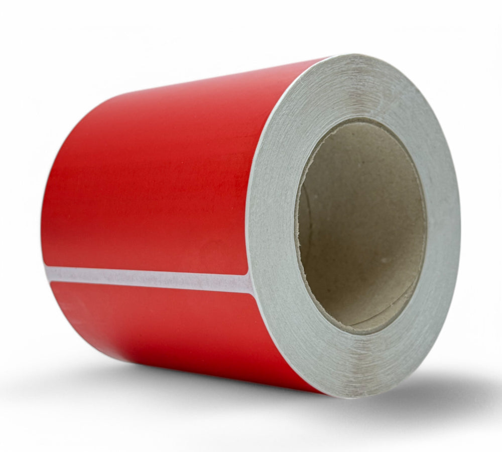 Red 119 x 105mm thermal transfer label rolls with bold colour ideal for visibility in logistics and dispatch systems
