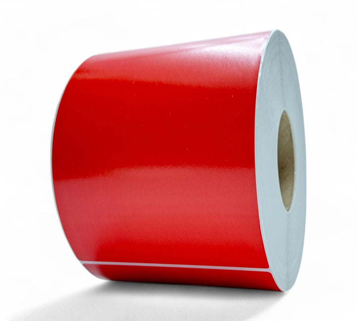 PMS1797 red 150 x 200mm matte thermal transfer label rolls shown for shipping identification and barcode printing