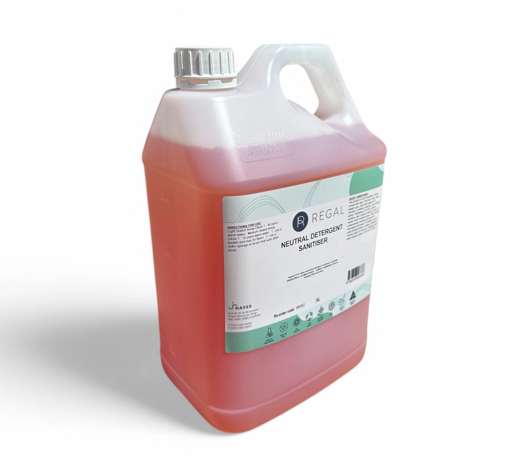 Regal neutral detergent sanitiser 5L shown in commercial jug for combined cleaning and sanitising in kitchens or food prep areas
