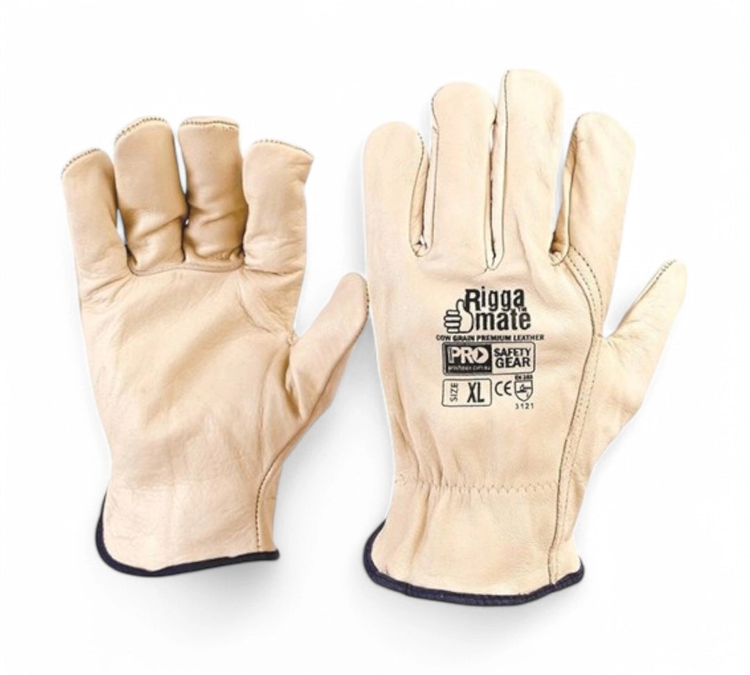Riggamate Premium Riggers gloves displayed as a rugged pair with reinforced palms and high-durability stitching