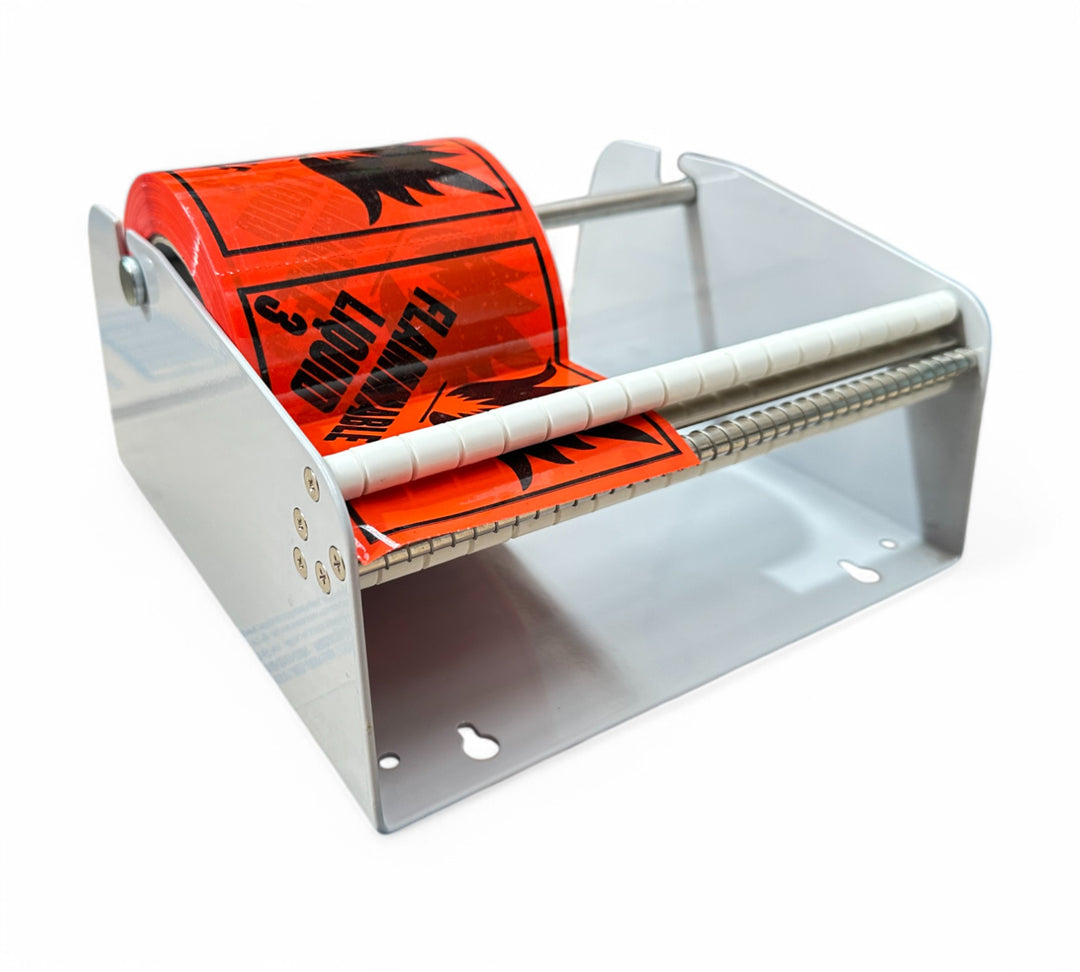 Rip A Label Dispenser shown as a compact unit designed to easily dispense rolls of Rip A Labels