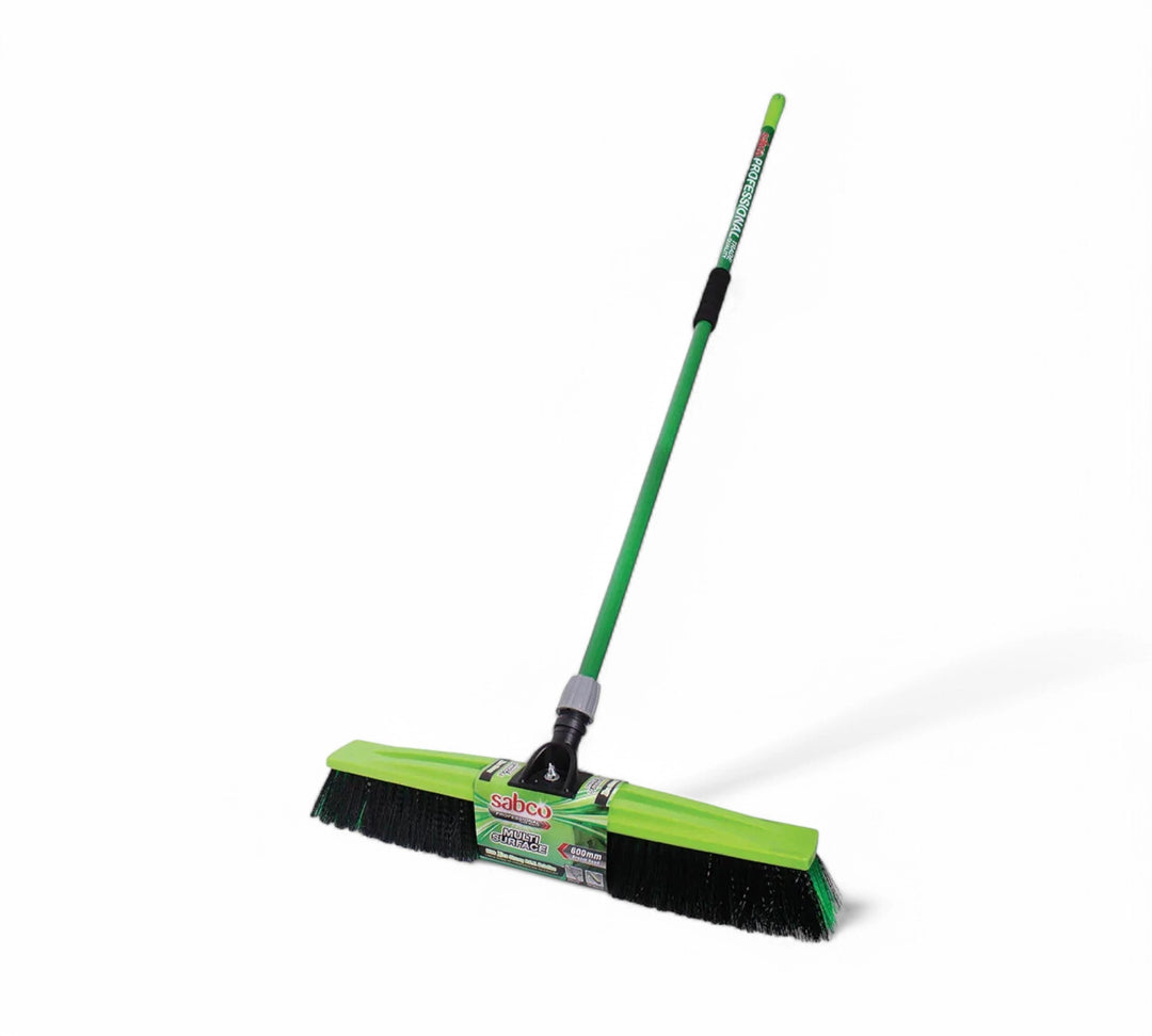 Sabco professional multi-surface broom complete 450mm shown with sturdy head and handle for warehouse and facility cleaning