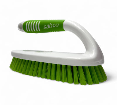 Sabco scrub and handle displayed together for heavy-duty cleaning of hard surfaces with ergonomic grip