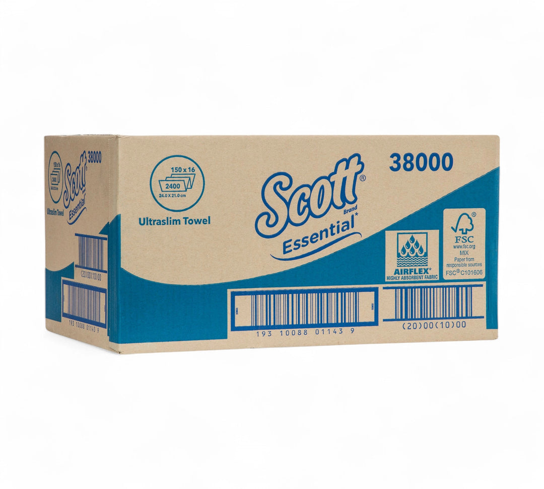 SCOTT Essential ultraslim paper towels shown flat packed for hygienic dispensing and reduced towel waste