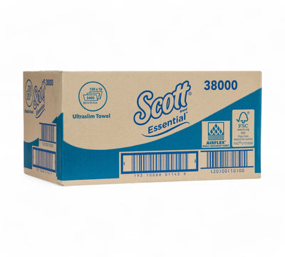 SCOTT Essential ultraslim paper towels shown flat packed for hygienic dispensing and reduced towel waste