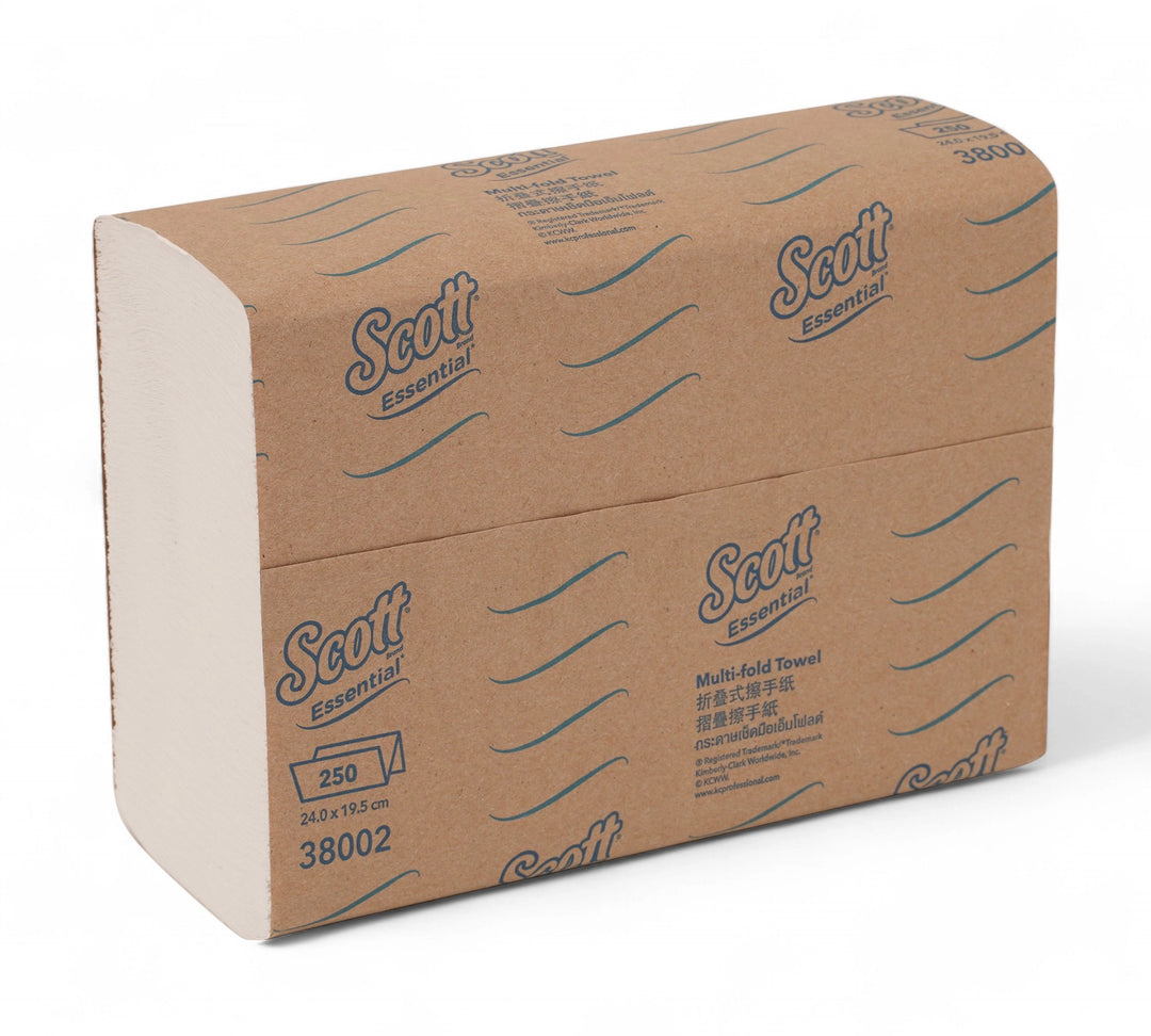 SCOTT Essential multifold paper towels in packs ready for high-traffic washroom use and efficient towel dispensing