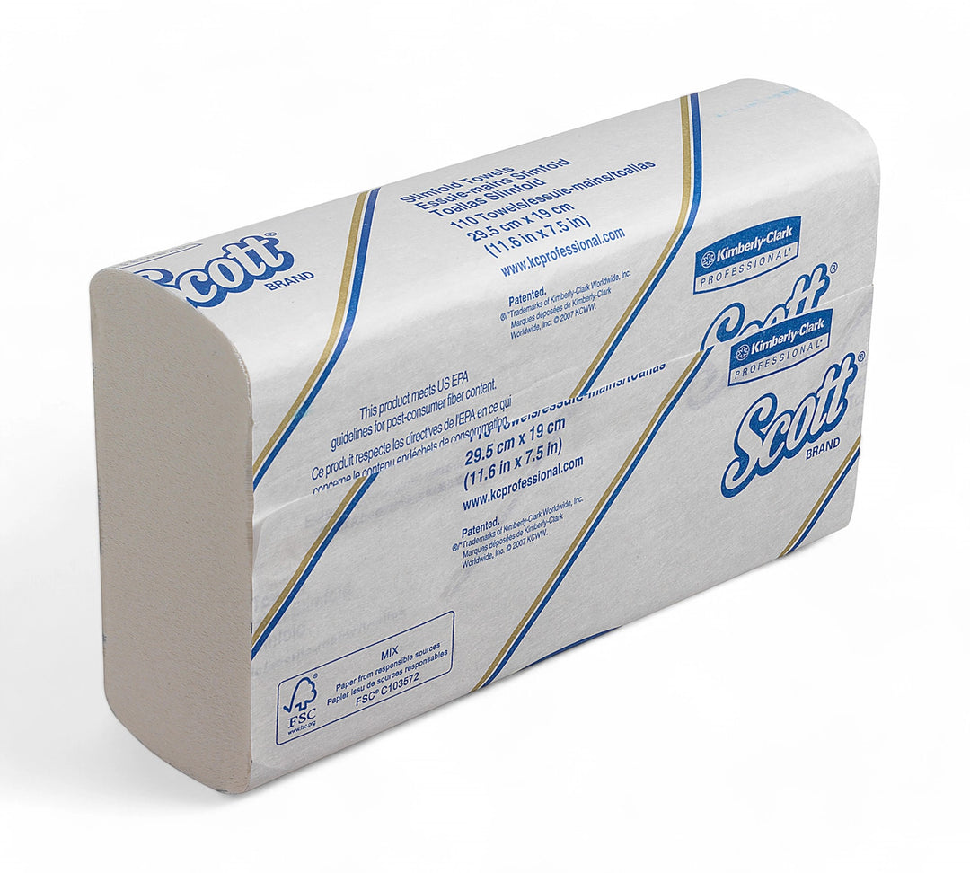 Scott Slimfold hand towels shown stacked for compact dispensing in tight spaces and commercial washrooms