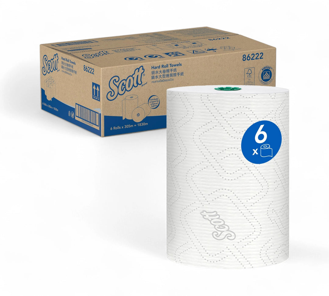 SCOTT printed hard roll paper towels shown rolled for commercial washroom use with printed branding on sheet