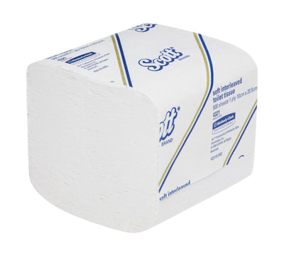 SCOTT soft interleaved toilet tissue in packs shown for individual sheet dispensing and improved hygiene