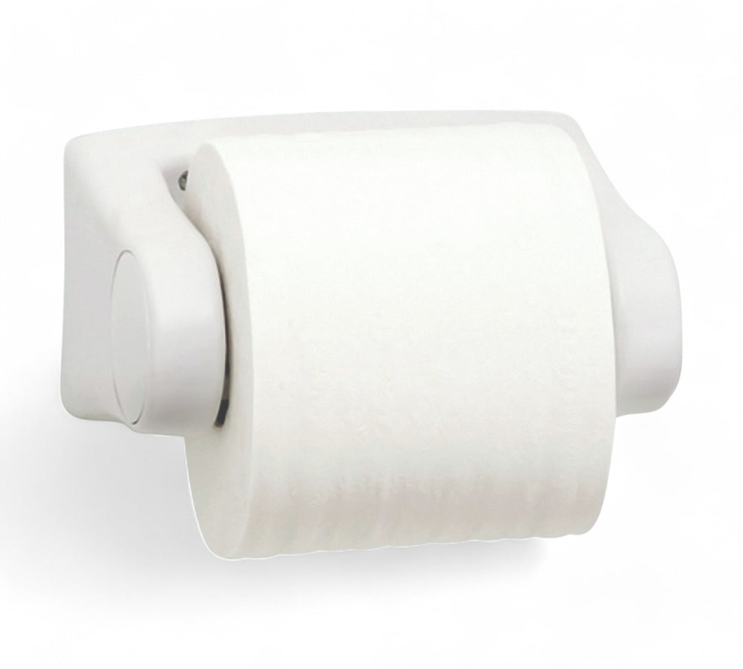 Compact wall-mounted toilet roll dispenser with a clean, minimal white design, holding a single roll of standard white 2-ply toilet tissue, photographed front-on against a white background.
