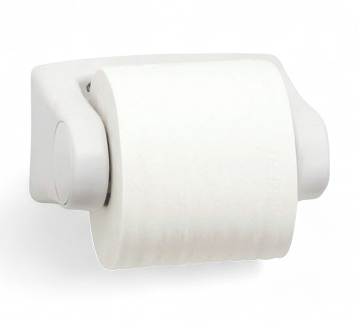 Compact wall-mounted toilet roll dispenser with a clean, minimal white design, holding a single roll of standard white 2-ply toilet tissue, photographed front-on against a white background.
