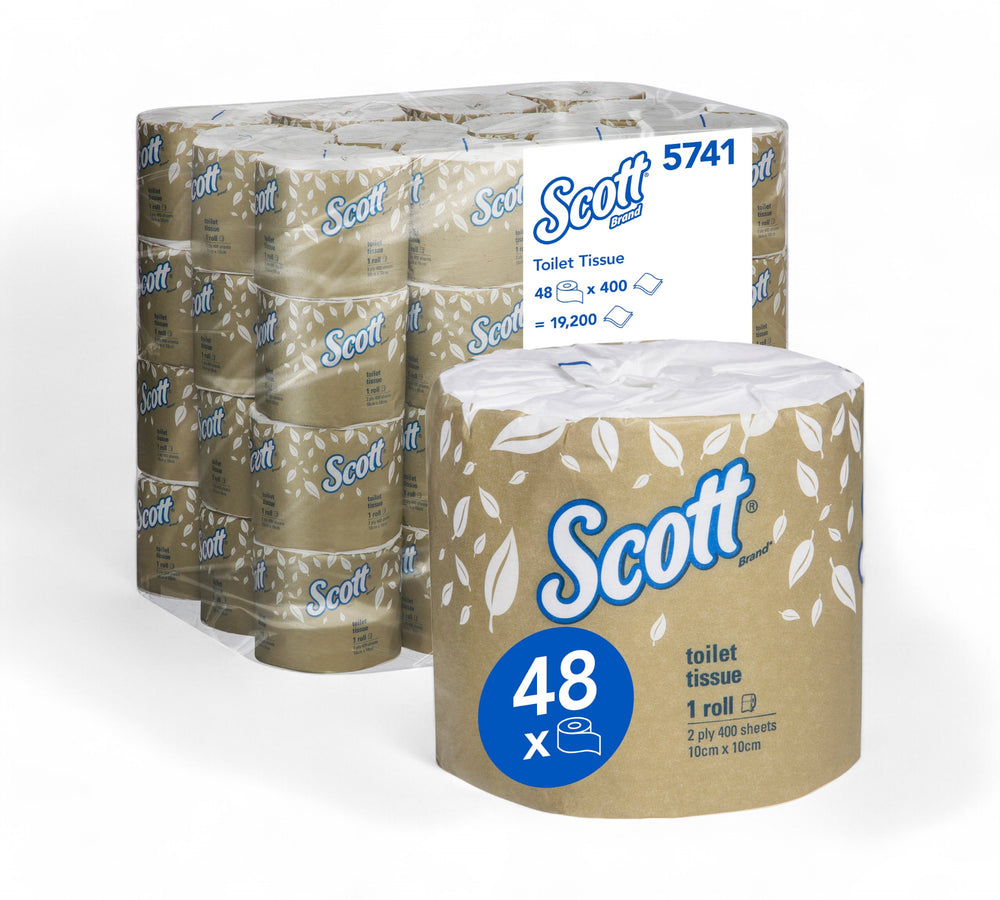 SCOTT Toilet Tissue (5741) |  front-facing view of a pack containing 48 individually wrapped 2-ply toilet rolls, each with kraft-style brown paper and white leaf pattern, showcasing the SCOTT logo in blue and white with product specs printed on each roll.
