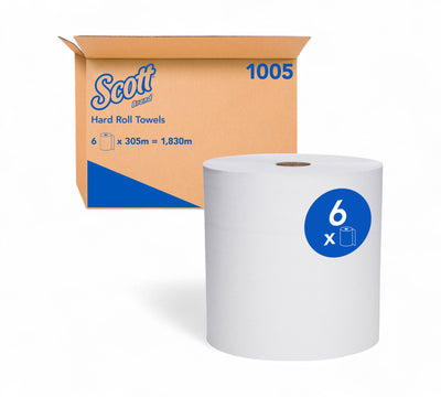 Scott 1005 white hard roll towel 1ply 305m displayed in roll format for high capacity washroom and dispenser systems