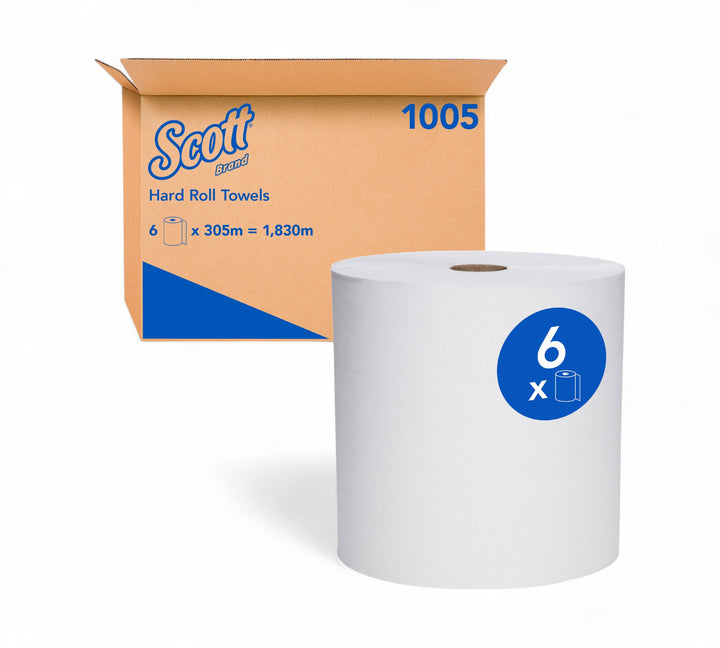 Scott 1005 white hard roll towel 1ply 305m displayed in roll format for high capacity washroom and dispenser systems