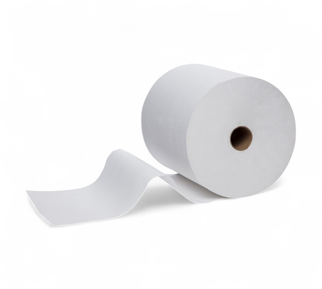 Scott 1005 white hard roll towel 1ply 305m shown stacked for bulk supply in offices or warehouses
