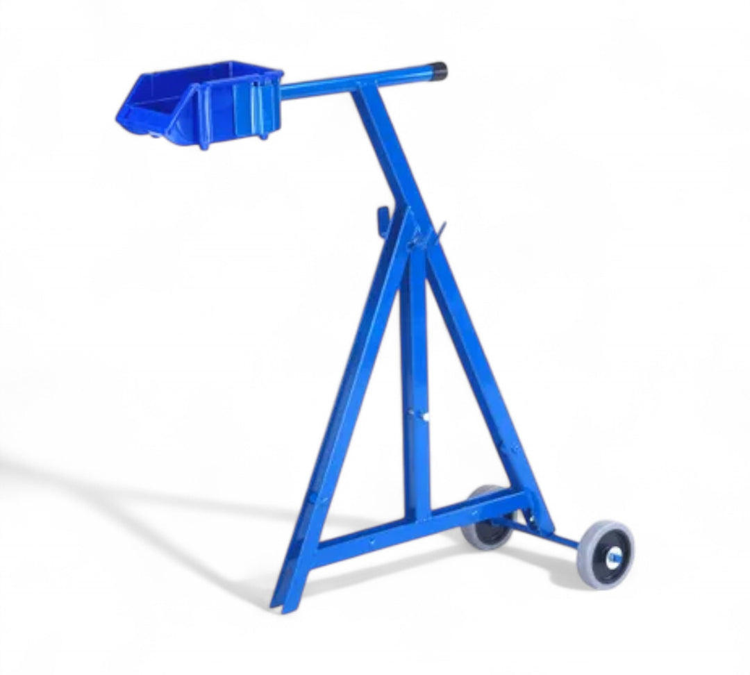 SDRS steel strap dispenser shown upright with large wheels for mobile dispensing of steel strapping coils