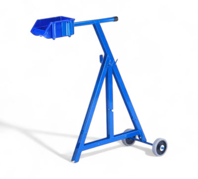 SDRS steel strap dispenser shown upright with large wheels for mobile dispensing of steel strapping coils
