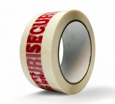Security seal tape 48mm x 66m red on white displayed rolled with printed tamper-proof warning for parcel sealing
