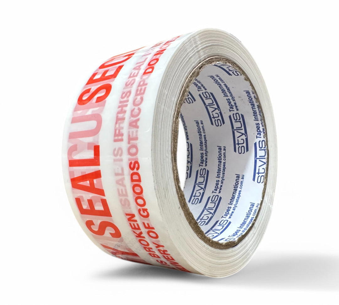 Security Seal Tape 48mm x 66m in red on white shown in rolls with bold tamper-evident warning print