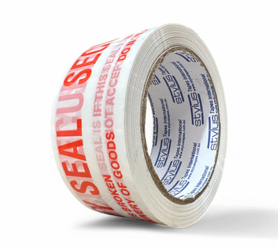 Security Seal Tape 48mm x 66m in red on white shown in rolls with bold tamper-evident warning print
