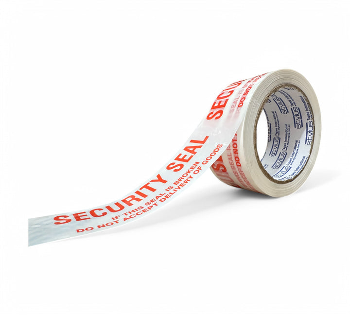 Clear SECURITY SEAL packing tape with bold red warning text for tamper-evident carton sealing during shipping