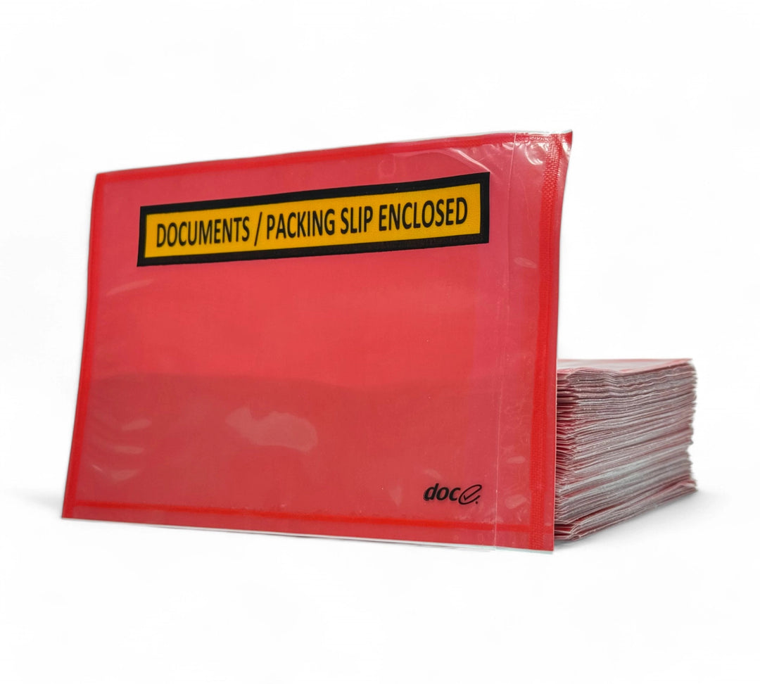 115 x 165mm red self-adhesive documents enclosed envelopes displayed in stacks for clear dispatch labelling