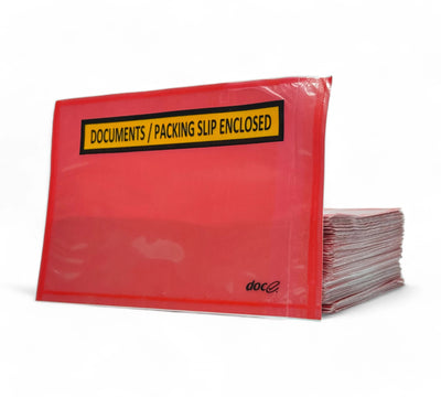 115 x 165mm red self-adhesive documents enclosed envelopes displayed in stacks for clear dispatch labelling