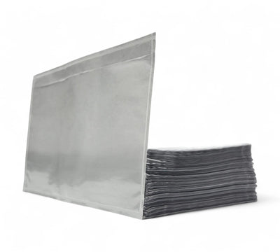 Self adhesive invoice enclosed envelopes 150 x 230mm white shown with side slit opening for secure document attachment on cartons