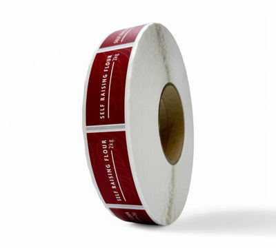 Self Raising Flour 2kg labels in 34 x 64mm size with four colour print shown for food packaging and flour bag branding