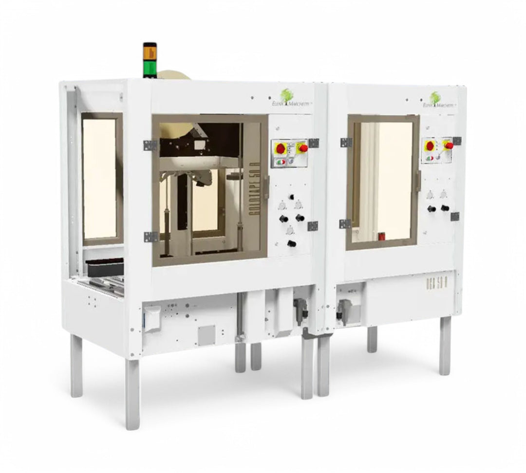 Goldtape 65RL semi-automatic carton sealer with top and bottom flap folding system and infeed roller conveyor for industrial box sealing