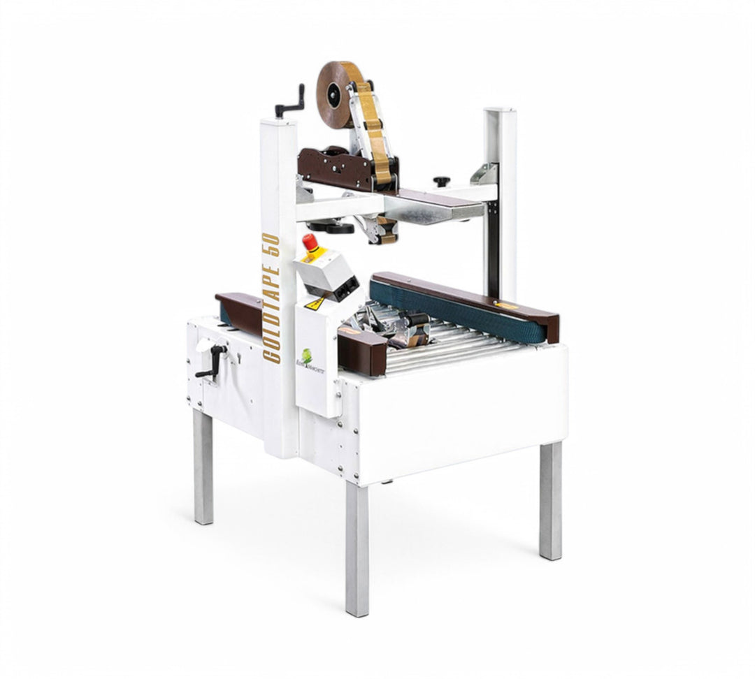 Goldtape 65 semi-automatic carton sealer with top and bottom flap taping for American-style boxes using side belt feed and manual adjustment