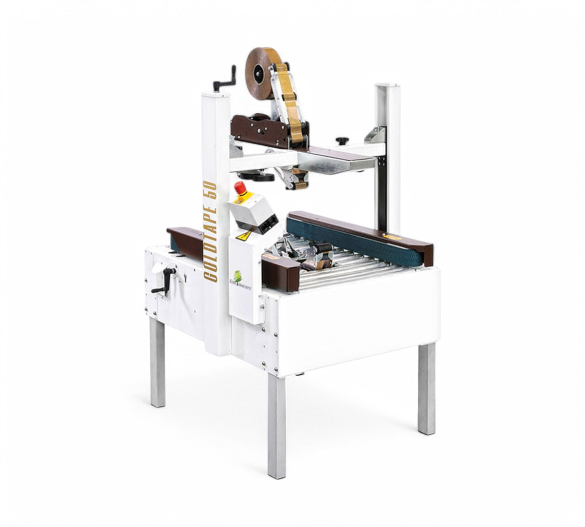 Goldtape 65 semi-automatic carton sealer with top and bottom flap taping for American-style boxes using side belt feed and manual adjustment
