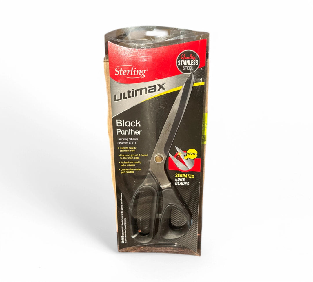 Serrated edge tailoring scissors 29-915 280mm shown open with black handles for fabric cutting and garment work