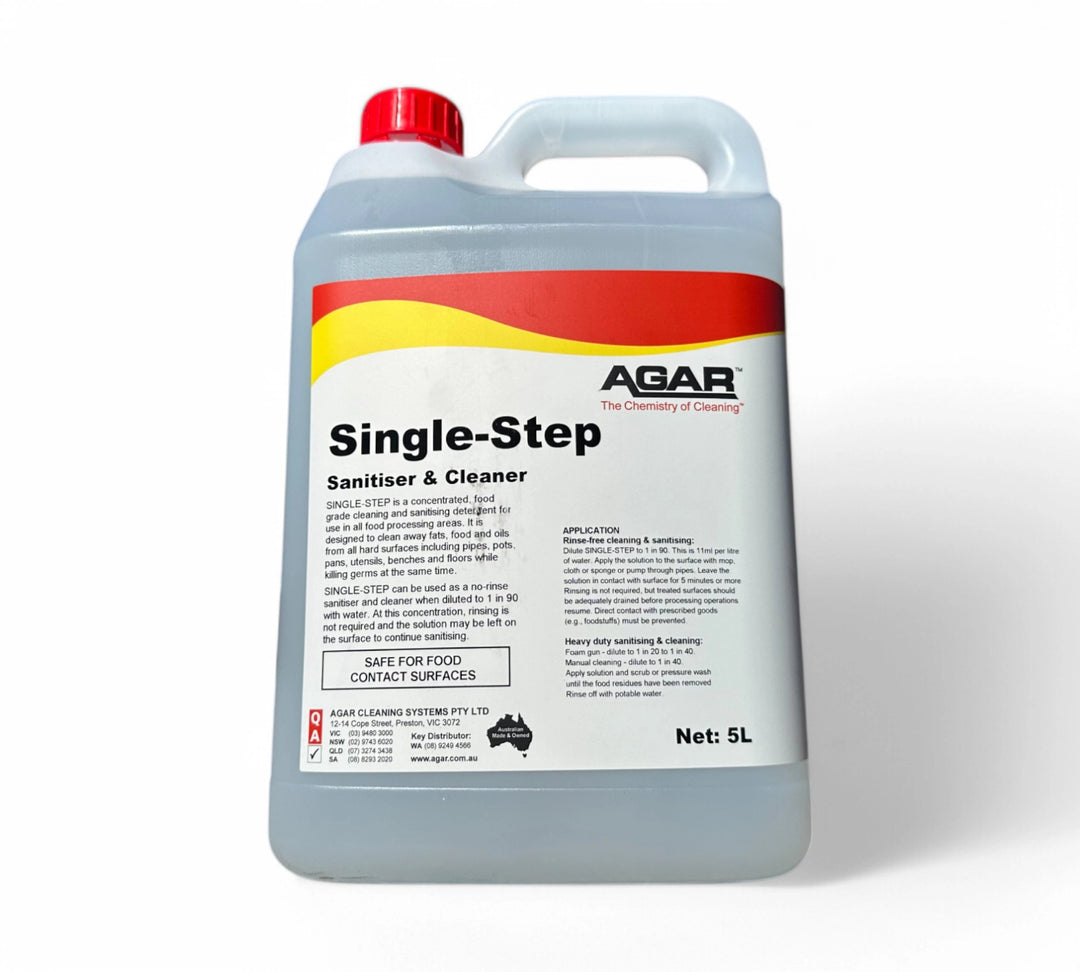 Single Step food grade cleaner and sanitiser 5L shown in heavy-duty jug for commercial kitchen hygiene and disinfection