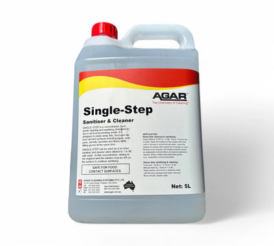 Single Step food grade cleaner and sanitiser 5L shown in heavy-duty jug for commercial kitchen hygiene and disinfection