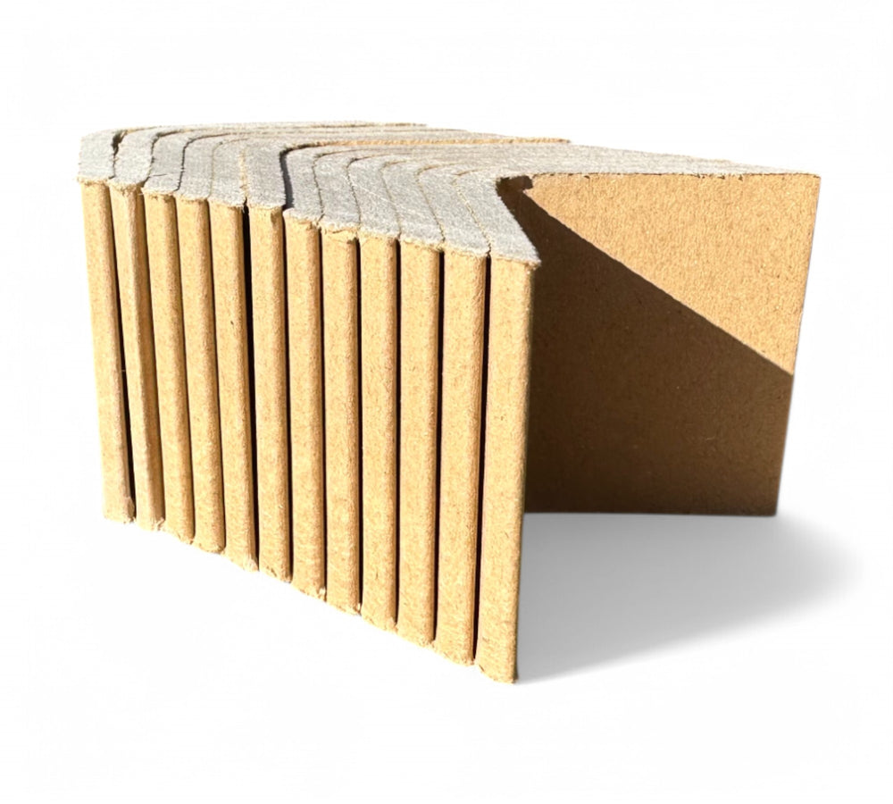 Kraft cardboard angles 50 x 50 x 50 x 4mm shown for protecting corners and maintaining structure during wrapping