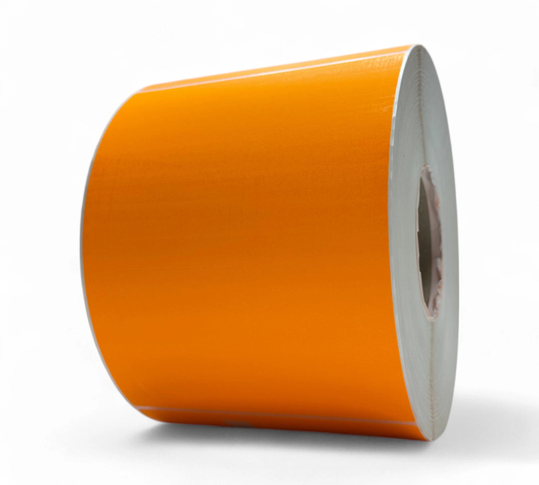 150 x 200mm solid fluro orange gloss die cut thermal labels displayed in rolls for hazard or urgent labels