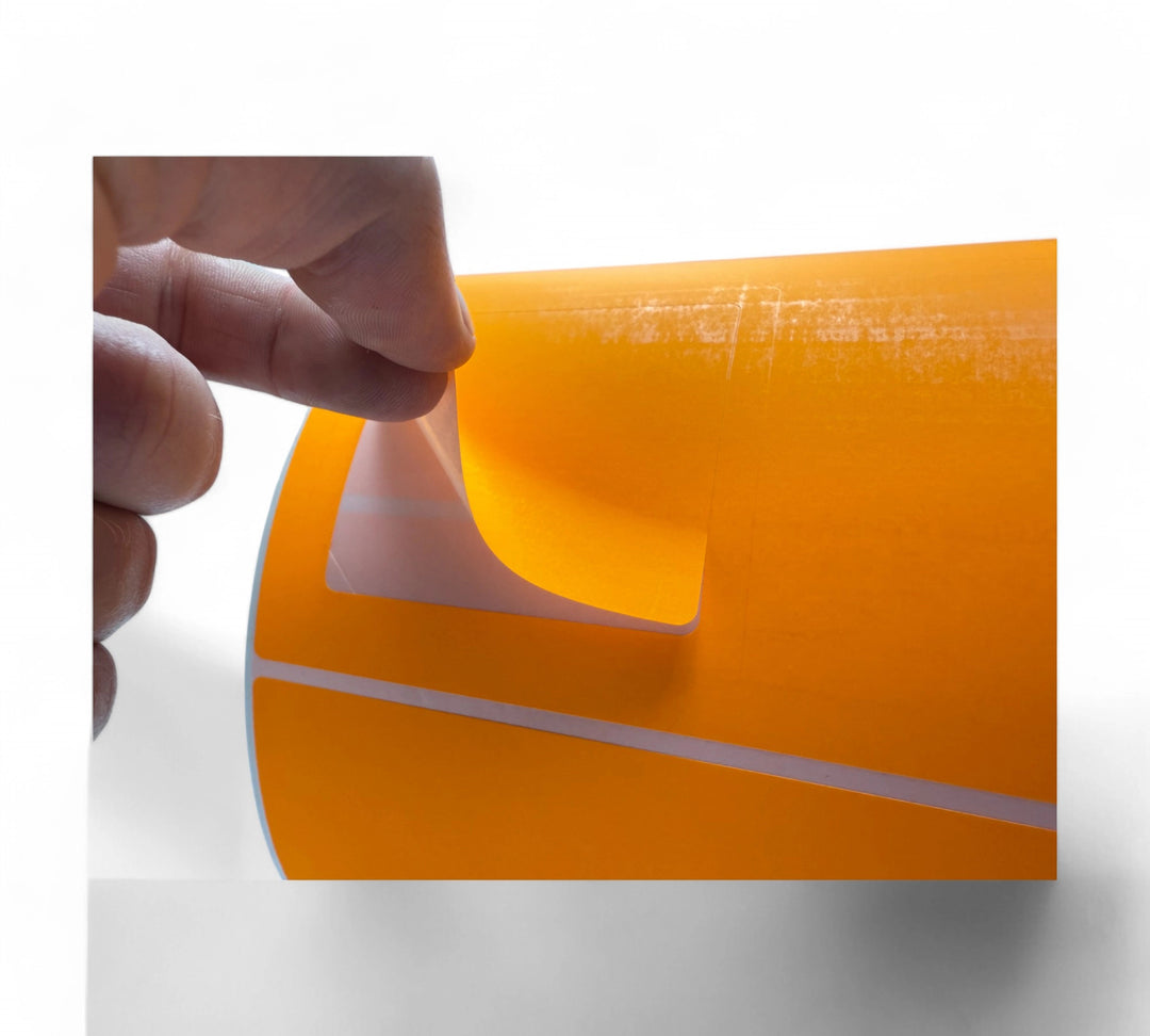 Close-up of an orange thermal transfer label being peeled from a roll, showcasing adhesive backing and clean label edges
