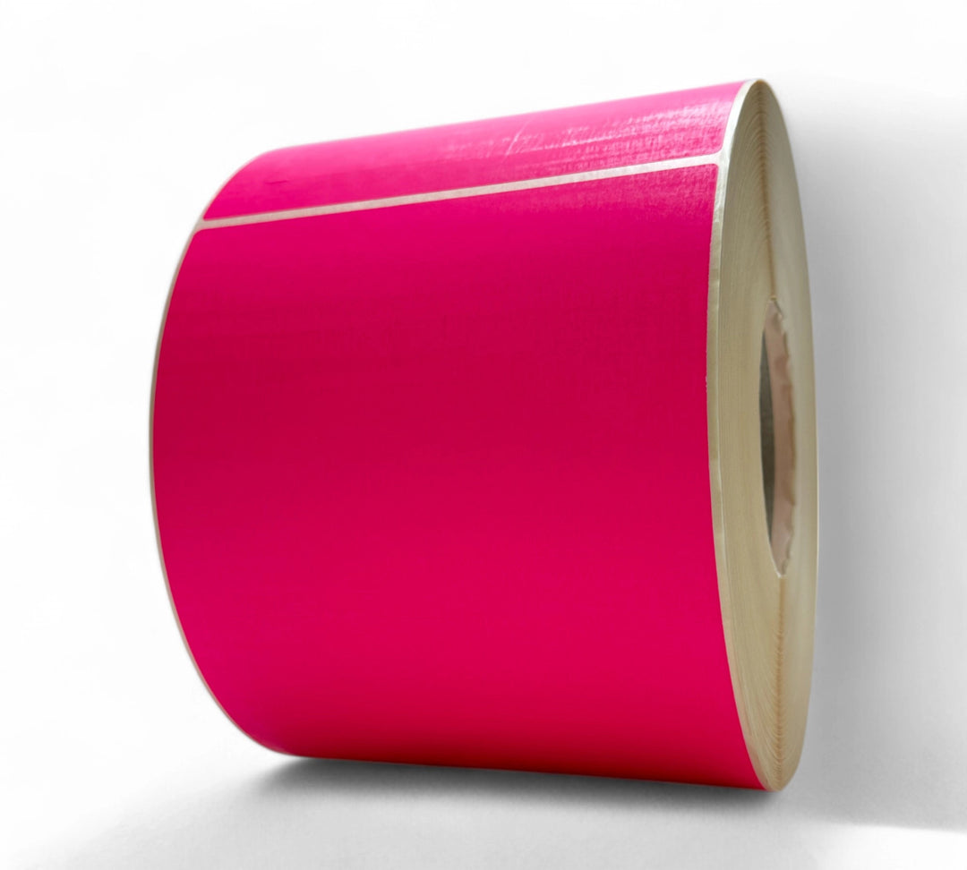 150 x 200mm solid fluro pink gloss labels in rhodomine red displayed in rolls for promotional or warning tags
