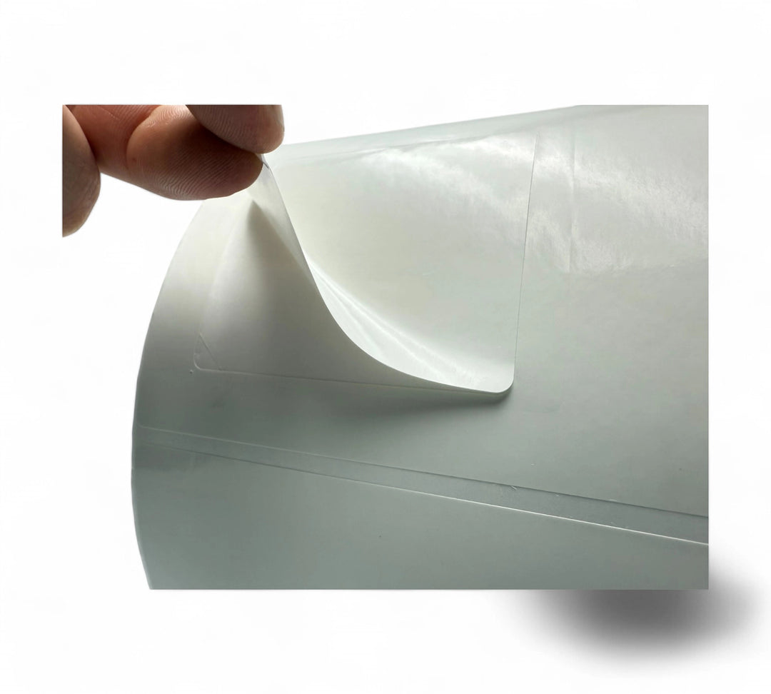 Close-up of a white direct thermal label being peeled from the roll, showing adhesive backing and clean die-cut edges
