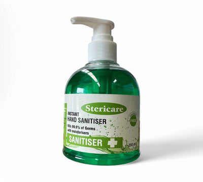 Stericare hand sanitiser 250ml pump displayed upright for personal hygiene in offices clinics or workstations