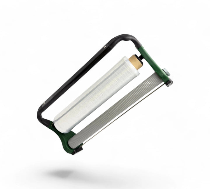 Wrapper X green ergonomic hand stretch film dispenser with magnetic base for easy, efficient pallet wrapping
