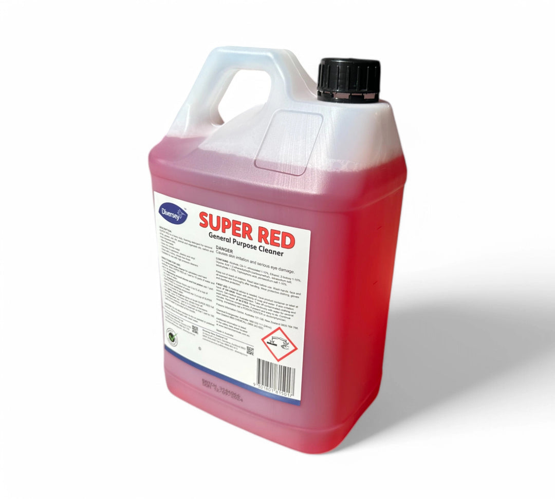 Super Red heavy duty detergent degreaser 5L displayed in industrial bottle for kitchen and machinery cleaning