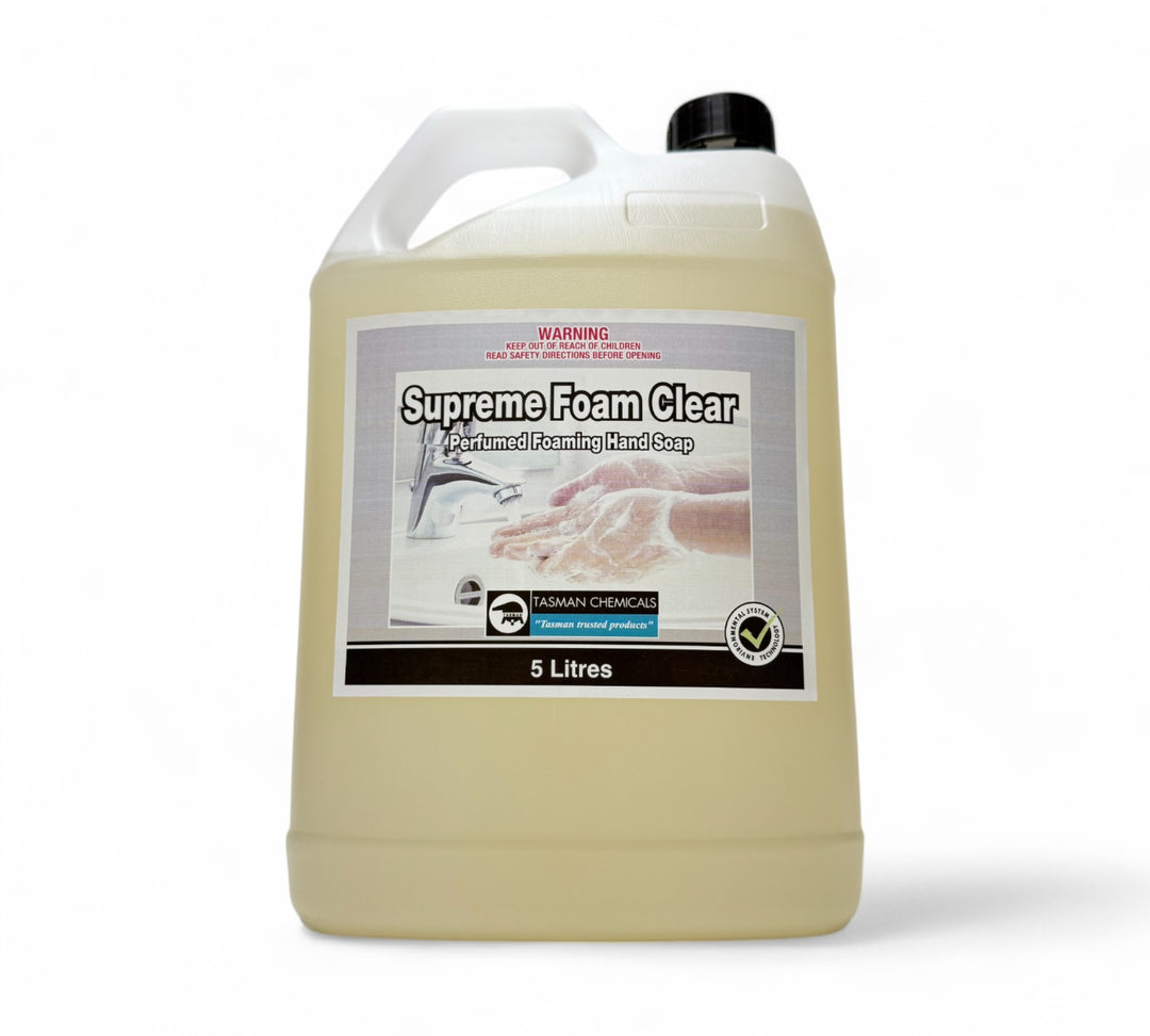 Supreme Foam clear soap 5L shown in bulk container for refillable dispensers in bathrooms and food areas