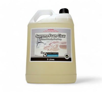 Supreme Foam clear soap 5L shown in bulk container for refillable dispensers in bathrooms and food areas