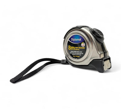 T825MMAL 8m tape measure with rubber grip and auto lock displayed with bright casing for warehouse or construction use