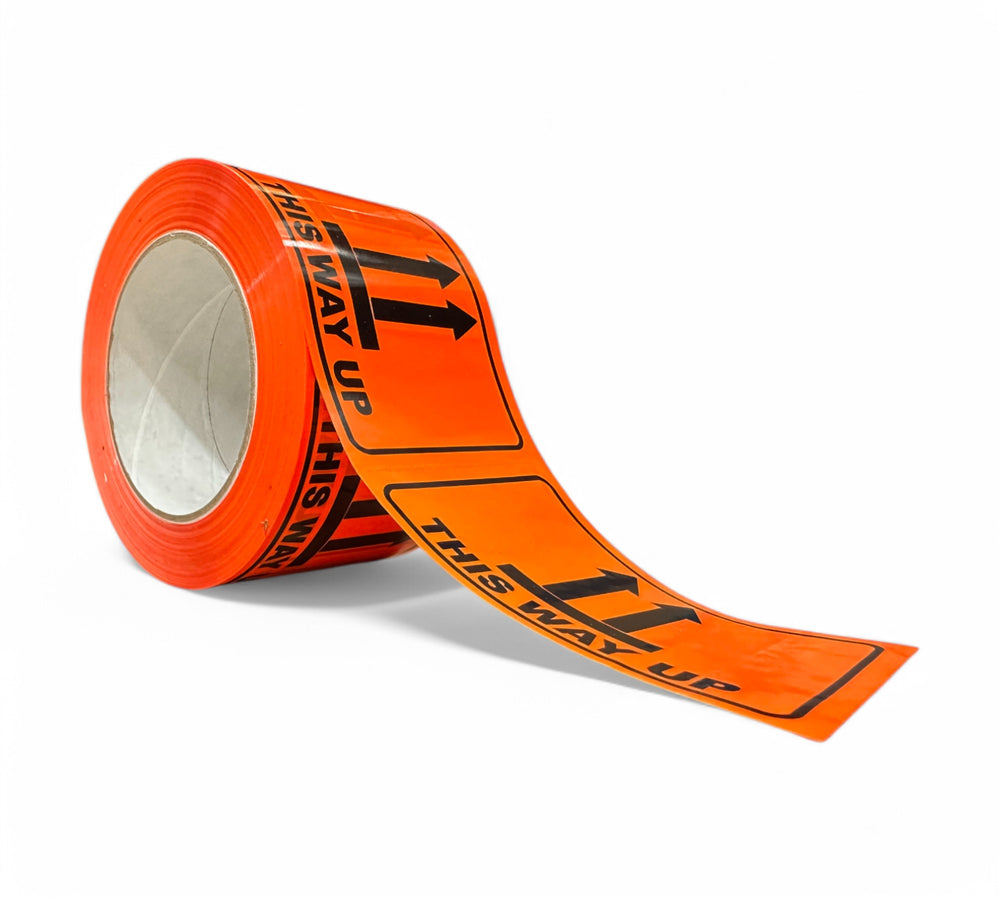 This Way Up Rip A Label 72 x 100mm x 50m black on fluro orange displayed for transport safety and compliance